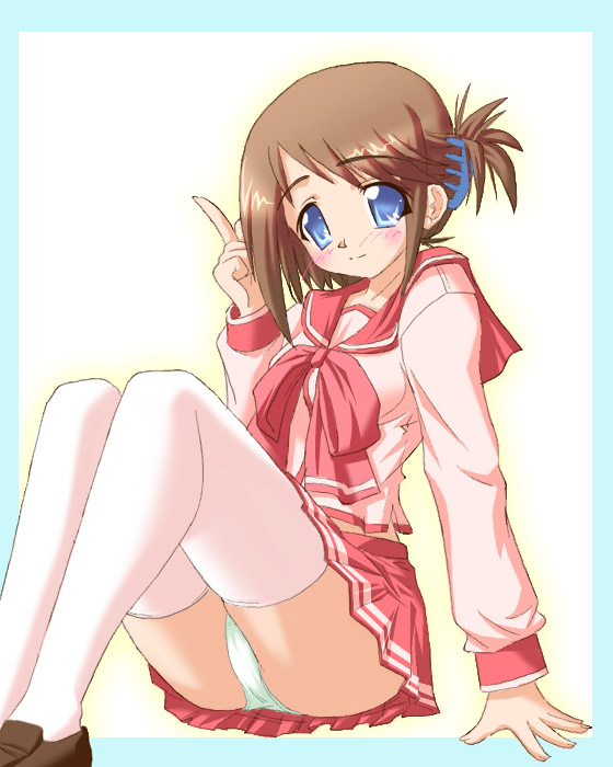 hirorin, komaki manaka, to heart (series), to heart 2, 00s, 1girl, blue eyes, blush, brown hair, loafers, panties, school uniform, shoes, sitting, thighhighs, underwear, white panties, white thighhighs