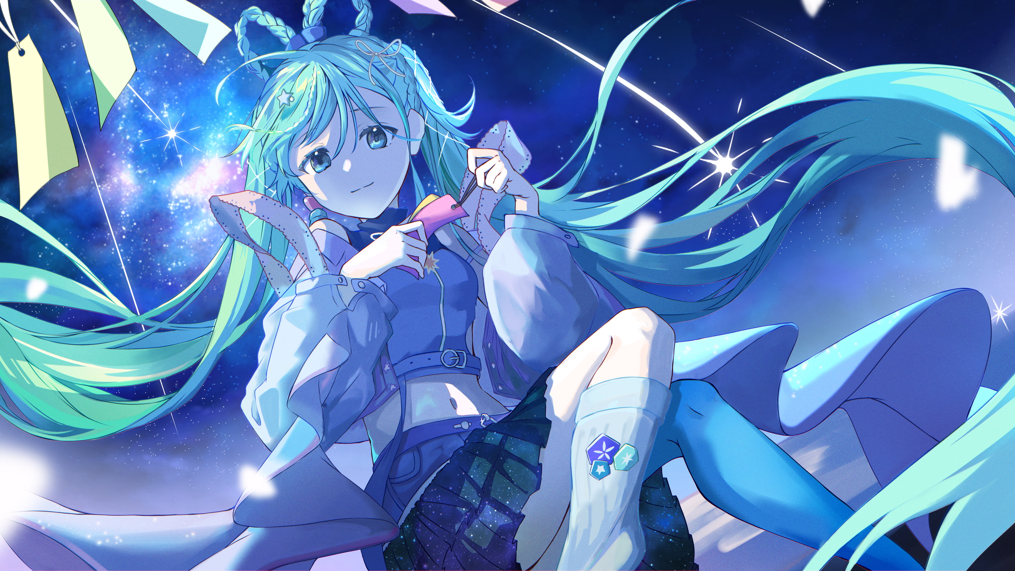natsunosemi, hatsune miku, magical mirai miku, magical mirai miku (2025), magical mirai (vocaloid), vocaloid, absurdres, highres, 1girl, aqua eyes, aqua hair, blue jacket, blue skirt, braid, braided hair rings, breasts, closed mouth, crop top, hair between eyes, hair rings, jacket, long hair, looking at viewer, medium breasts, midriff, navel, night, night sky, official alternate costume, official alternate hairstyle, open clothes, open jacket, qixi festival, skirt, sky, smile, star (sky), starry sky, tanabata, twintails, very long hair