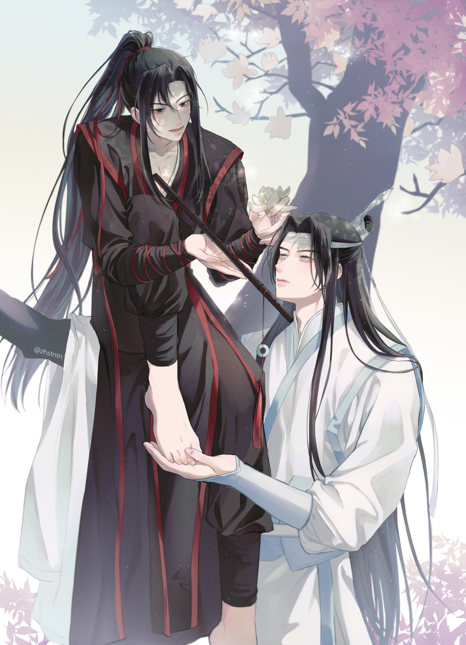 zhstntn, lan wangji, wei wuxian, modao zushi, highres, 2boys, ahoge, barefoot, bishounen, black eyes, black hair, black hanfu, black pants, branch, chenqing flute, chinese clothes, closed mouth, couple, dizi, feet, flower, flute, flute tassel, hair ribbon, hanfu, headband, high ponytail, holding, holding another's foot, holding flower, holding flute, holding instrument, in tree, instrument, knee up, leaf, long hair, long sleeves, looking at another, male focus, multiple boys, outdoors, pants, parted bangs, parted lips, ponytail, red ribbon, ribbon, robe, shade, sidelocks, sitting, sitting in tree, smile, standing, tassel, toes, topknot, transverse flute, tree, twitter username, very long hair, white flower, white hanfu, white headband, wide sleeves, xiao guan (headdress), yaoi, yellow eyes