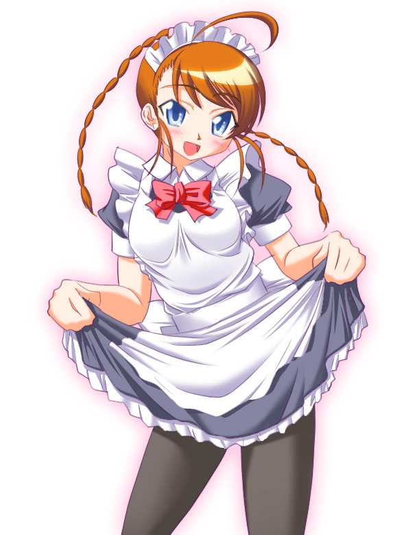 hirorin, arika yumemiya, my-hime, my-otome, 00s, 1girl, alternate costume, apron, black pantyhose, brown hair, dress, enmaided, female focus, maid, maid apron, maid headdress, pantyhose, skirt hold, solo, thighs