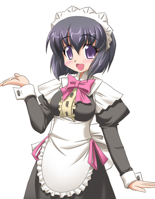 hirorin, magical hop, tagme, 1girl, apron, black hair, blush, female focus, maid, maid headdress, purple eyes, short hair, solo