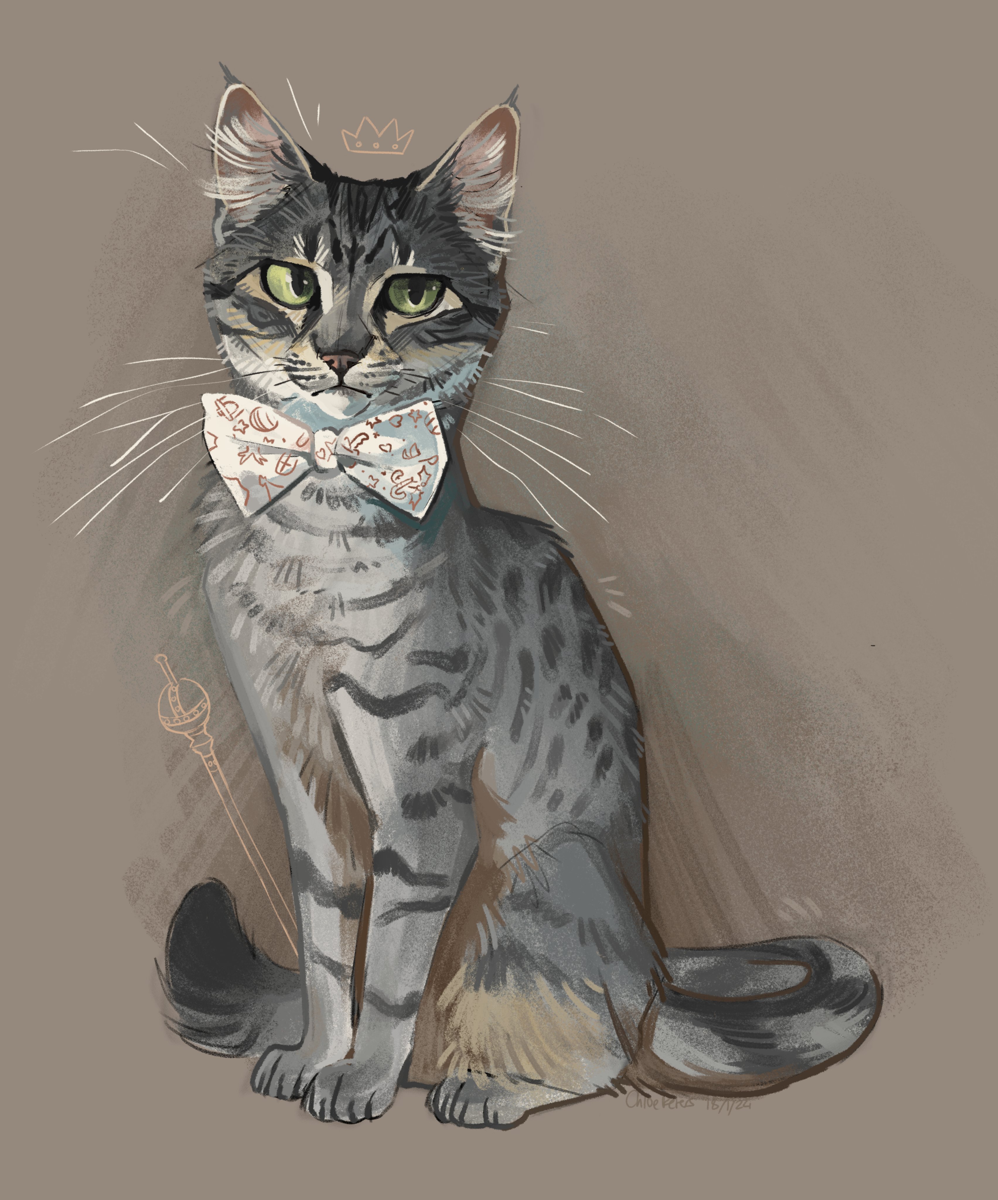 original, absurdres, commentary, english commentary, highres, animal, animal focus, bow, bowtie, brown background, cat, crown (symbol), ear tufts, finchwing, green eyes, grey cat, grey fur, jitome, looking at viewer, no humans, realistic, simple background, sitting, solo, tabby cat, whiskers, white bow, white bowtie