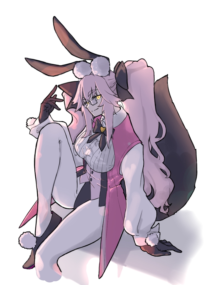 niwaikanai, koyanskaya (assassin) (second ascension) (fate), koyanskaya (fate), tamamo (fate), fate/grand order, fate (series), 1girl, animal ear fluff, animal ears, black bow, black gloves, bow, breasts, coattails, collared shirt, corset, dress shirt, fox tail, glasses, gloves, hair between eyes, hair bow, large breasts, long hair, long sleeves, looking at viewer, pantyhose, pink hair, rabbit ears, shirt, sidelocks, sitting, smile, solo, tail, thighs, twintails, underbust, white pantyhose, white shirt, yellow eyes