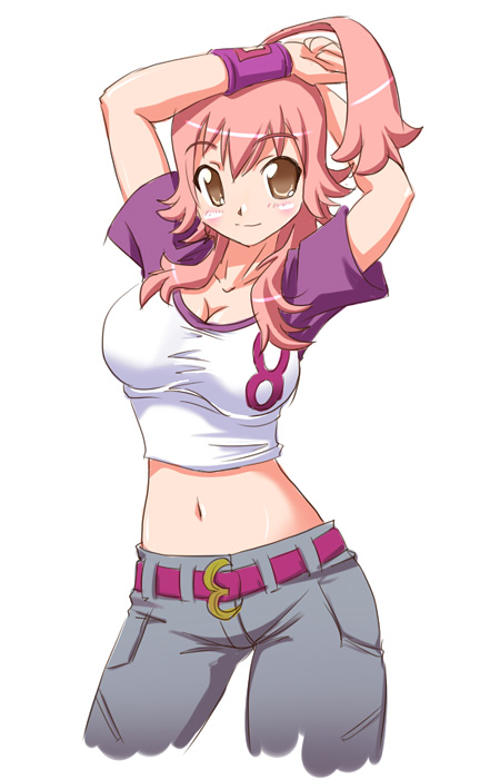 hirorin, armband, breasts, brown eyes, cleavage, large breasts, pink hair, shirt, tight shirt
