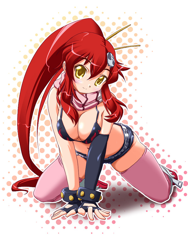 hirorin, nekono matatabi, yoko littner, tengen toppa gurren lagann, 00s, 1girl, bikini, bikini top only, breasts, breasts squeezed together, cleavage, elbow gloves, female focus, gloves, large breasts, long hair, ponytail, red hair, short shorts, shorts, solo, swimsuit, thighhighs, yellow eyes