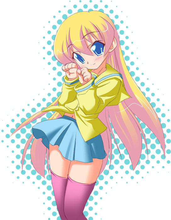 hirorin, nekono matatabi, rebecca miyamoto, pani poni dash!, 00s, 1girl, blonde hair, blouse, blue eyes, child, closed mouth, female focus, long hair, navel, paw pose, school uniform, serafuku, shirt, solo, thighhighs, yellow shirt