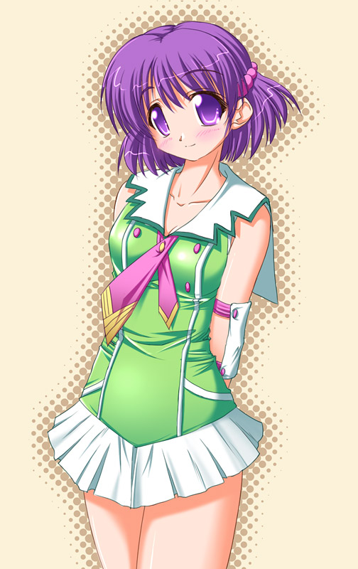 hirorin, nekono matatabi, yuuki chigusa, wrestle angels, wrestle angels survivor, wrestle angels survivor 2, 1girl, blush, breasts, female focus, hair bobbles, hair ornament, miniskirt, purple eyes, purple hair, short hair, skirt, sleeveless, smile, solo, wrestling outfit