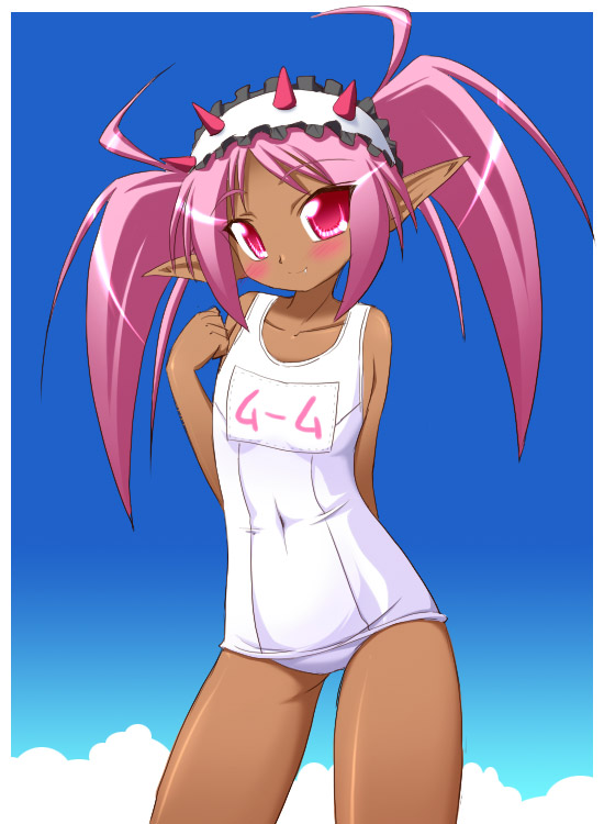hirorin, magical hop, tagme, 1girl, blush, collarbone, dark-skinned female, dark skin, female focus, pink eyes, pink hair, pointy ears, school swimsuit, solo, swimsuit, twintails