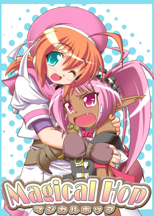 hirorin, magical hop, tagme, 2girls, blue eyes, blush, dark-skinned female, dark skin, fingerless gloves, gloves, hat, hug, multiple girls, one eye closed, orange hair, pink eyes, pink hair, pointy ears, wink