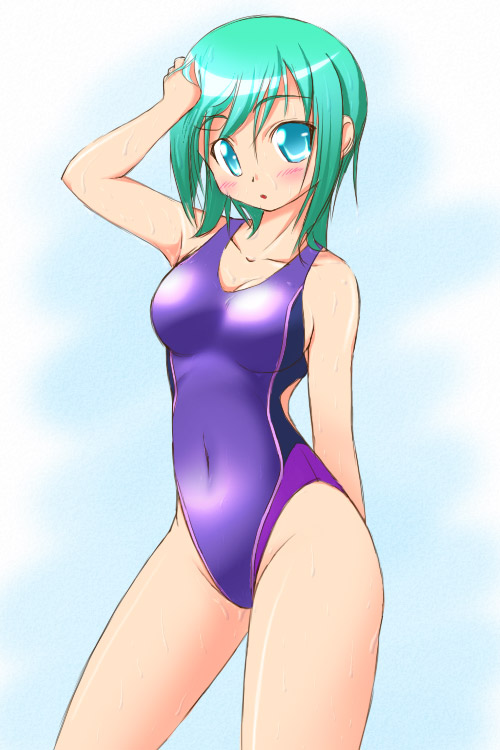 hirorin, nekono matatabi, original, 1girl, aqua eyes, aqua hair, blush, competition swimsuit, female focus, green eyes, green hair, matching hair/eyes, navel, one-piece swimsuit, short hair, solo, standing, swimsuit, thighs, wet
