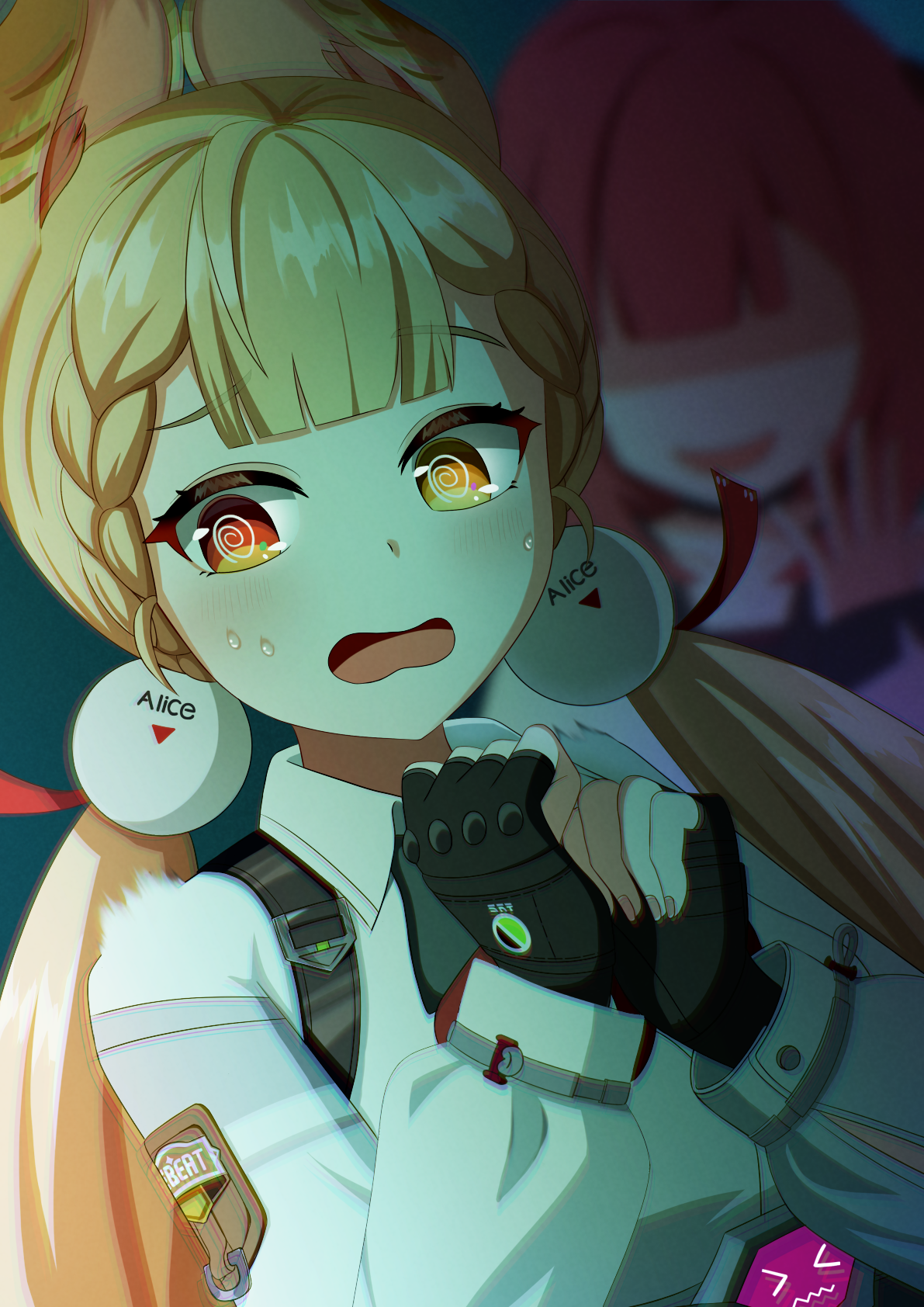 tishi, alice thymefield, ukinami yuzuha, zenless zone zero, braided twintails, highres, 2girls, animal ears, blonde hair, blush, braid, breasts, hearing aid, heterochromia, long hair, looking at viewer, low twintails, multiple girls, rabbit ears, rabbit girl, red eyes, red hair, shirt, sphere hair ornament, twintails, white shirt, yellow eyes