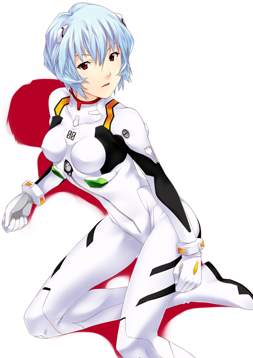 mizuki makoto, ayanami rei, neon genesis evangelion, light blue hair, 1girl, arm at side, blue hair, bodysuit, bracer, breasts, clenched hands, covered erect nipples, female focus, from side, gloves, hair between eyes, hair ornament, interface headset (evangelion), looking at viewer, mecha pilot suit, medium breasts, on one knee, open mouth, plugsuit (evangelion), red eyes, serious, shadow, short hair, simple background, skin tight, solo, turtleneck, white background, white bodysuit