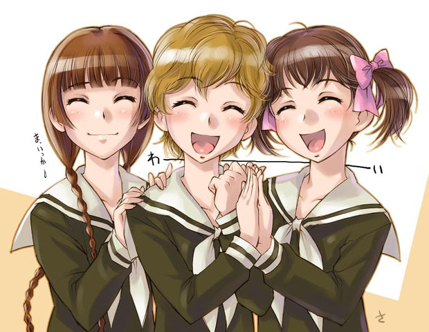 sameha ikuya, arisugawa kintarou, fukuzawa yumi, shimazu yoshino, maria-sama ga miteru, hands together, light brown hair, 00s, 1boy, 2girls, :d, ^ ^, ahoge, black serafuku, blush, bow, braid, brown hair, clenched hand, closed eyes, hair bow, hand on another's shoulder, happy, high five, long hair, multiple girls, open mouth, school uniform, serafuku, short hair, short twintails, signature, simple background, smile, trap, twin braids, twintails, upper body, very long hair