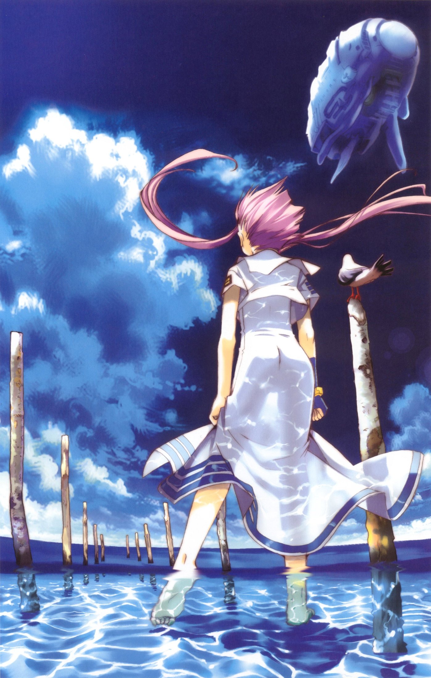 amano kozue, mizunashi akari, aria (manga), highres, tagme, 00s, barefoot, bird, cloud, feet, from behind, pink hair, see-through clothes, sky, twintails, water