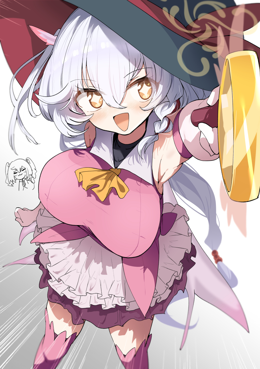 eri (blue archive), rena (blue archive), blue archive, armpits, boots, bow, bowtie, braid, dress, elbow gloves, feather hair ornament, frilled dress, frills, gloves, hair ornament, halo, hat, holding want, long hair, magical girl, orange eyes, sailor collar, shirt, skirt, sparkling eyes, sweater, thigh boots, thighhighs, want, white hair, witch hat