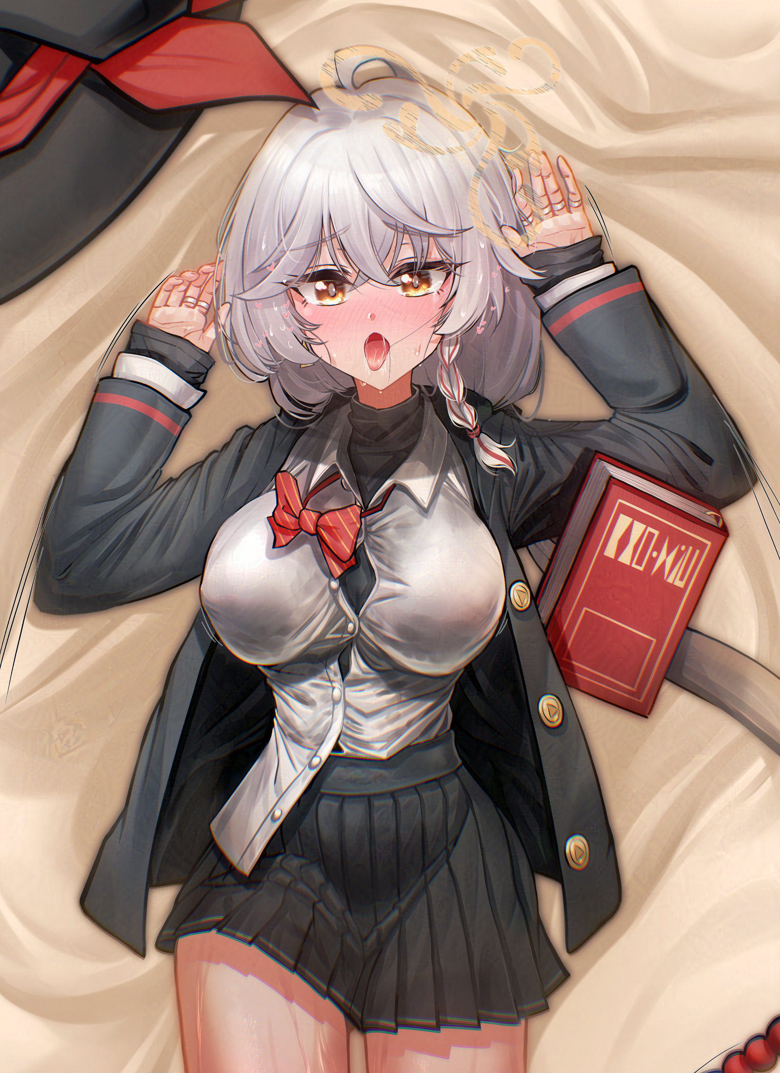 solharuu, eri (blue archive), blue archive, beg, book, bow, bowtie, braid, breasts, earrings, hair in own mouth, halo, hat, jacket, jewelry, large breasts, long coat, long hair, lying, open mouth, orange eyes, ring, see-through clothes, shirt, skirt, sleeves past wrists, sweat, sweater, thighs, tongue, tongue out, unworn hat, unworn headwear, wet, wet clothes, white hair, witch hat