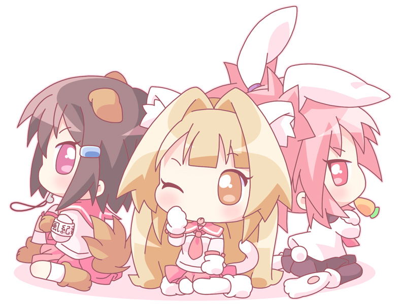 mirai (sugar), edomae lunar, seto sun, zenigata mawari, seto no hanayome, 00s, 3girls, animal ears, animal gloves, animal shoes, carrot, cat ears, cat tail, chibi, dog ears, dog tail, full body, hair ornament, hairclip, multiple girls, pink eyes, rabbit ears, rabbit tail, red eyes, school uniform, serafuku, tail, tongue, tongue out, whistle, yellow eyes