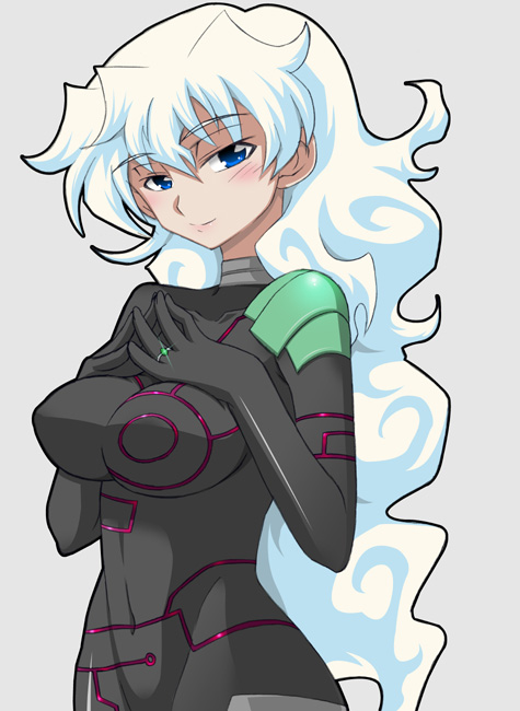 miyakodori takayuki, antispiral nia, nia teppelin, tengen toppa gurren lagann, 00s, 1girl, black bodysuit, blue eyes, blush, bodysuit, breast suppress, breasts, collarbone, female focus, jewelry, lips, long hair, medium breasts, multicolored hair, navel, ring, skin tight, solo, very long hair
