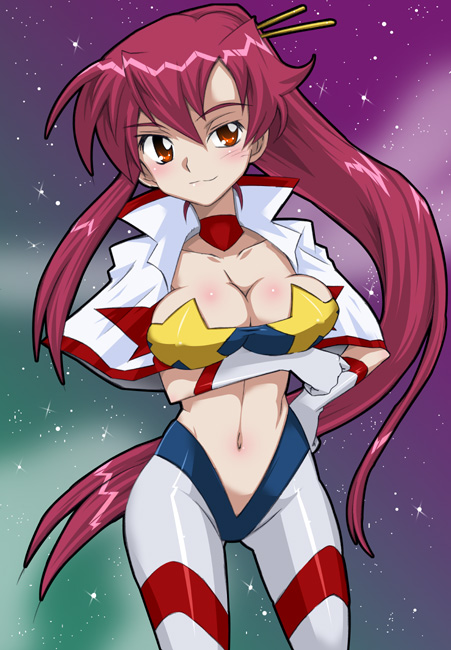 miyakodori takayuki, space yoko, yoko littner, tengen toppa gurren lagann, 00s, 1girl, bandeau, breasts, breasts squeezed together, female focus, large breasts, solo, strapless, tube top