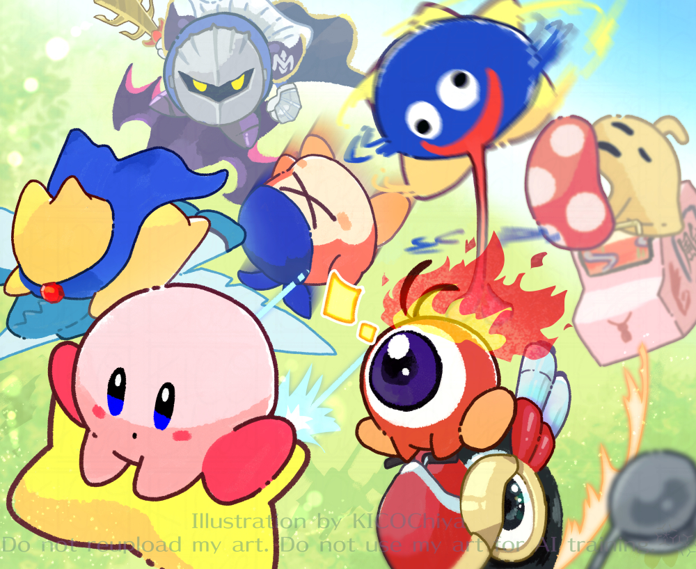 kicochiya, bandana waddle dee, cappy (kirby), gooey (kirby), kirby, meta knight, starman (kirby), waddle doo, wheelie (kirby), kirby (series), kirby air ride, kirby air riders, nintendo, armor, bandana, blue bandana, blue cape, cape, fire, galaxia (sword), holding, holding sword, holding weapon, long tongue, one-eyed, pauldrons, shadow star, shoulder armor, sword, tongue, tongue out, wagon star, weapon, wing star