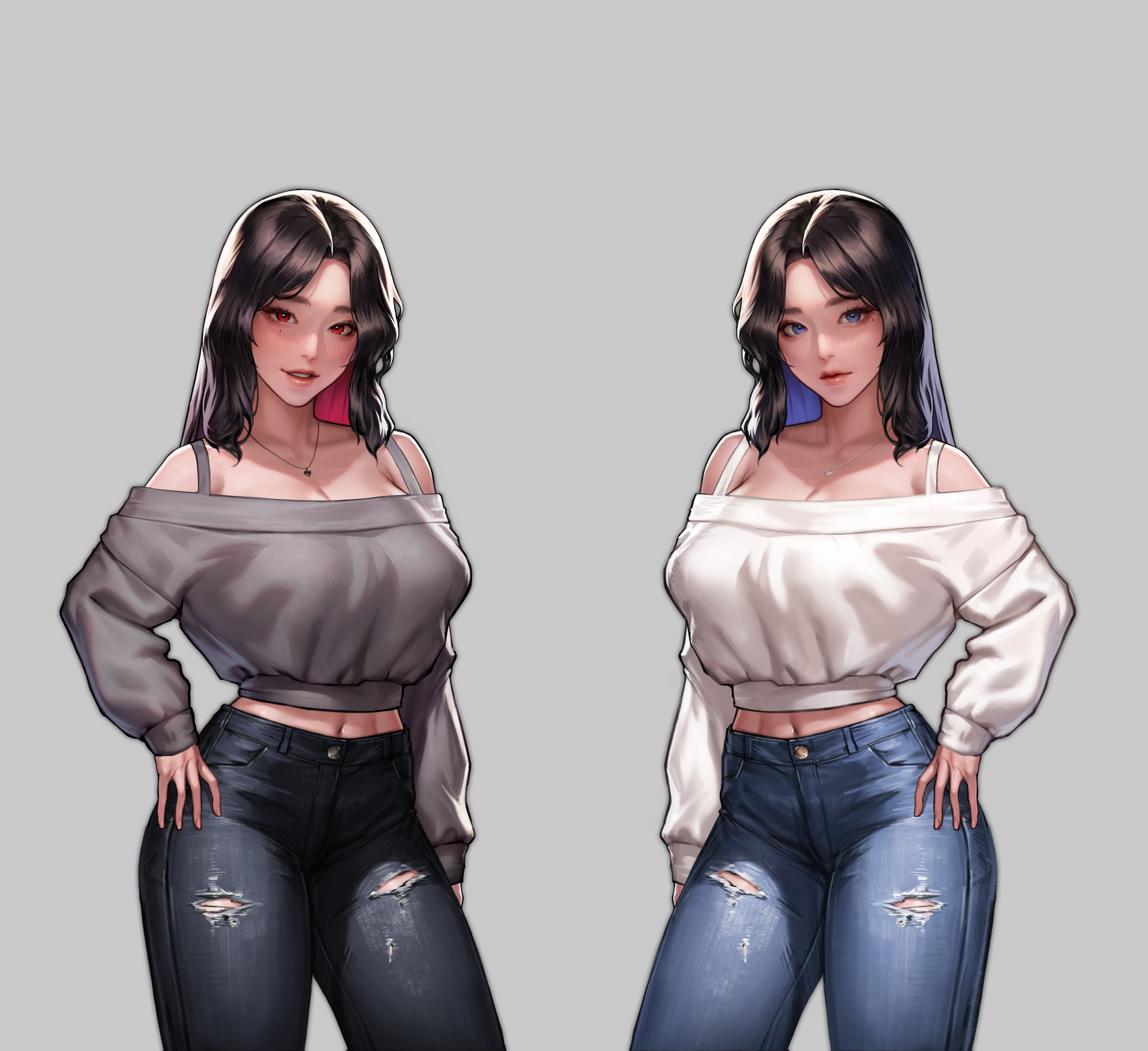 kidmo, absurdres, highres, 2girls, black hair, blue eyes, denim, grey background, jeans, multiple girls, pants, red eyes, simple background, torn