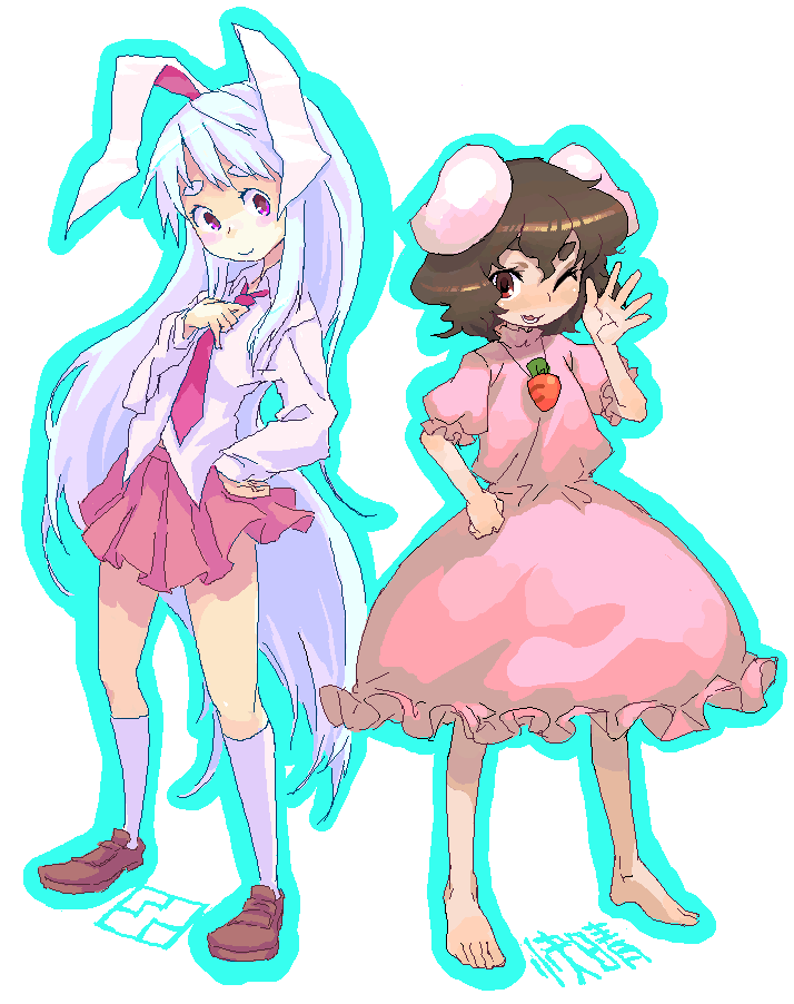 inaba tewi, reisen udongein inaba, touhou, 2girls, animal ears, dress, female focus, full body, multiple girls, rabbit ears, skirt, white background