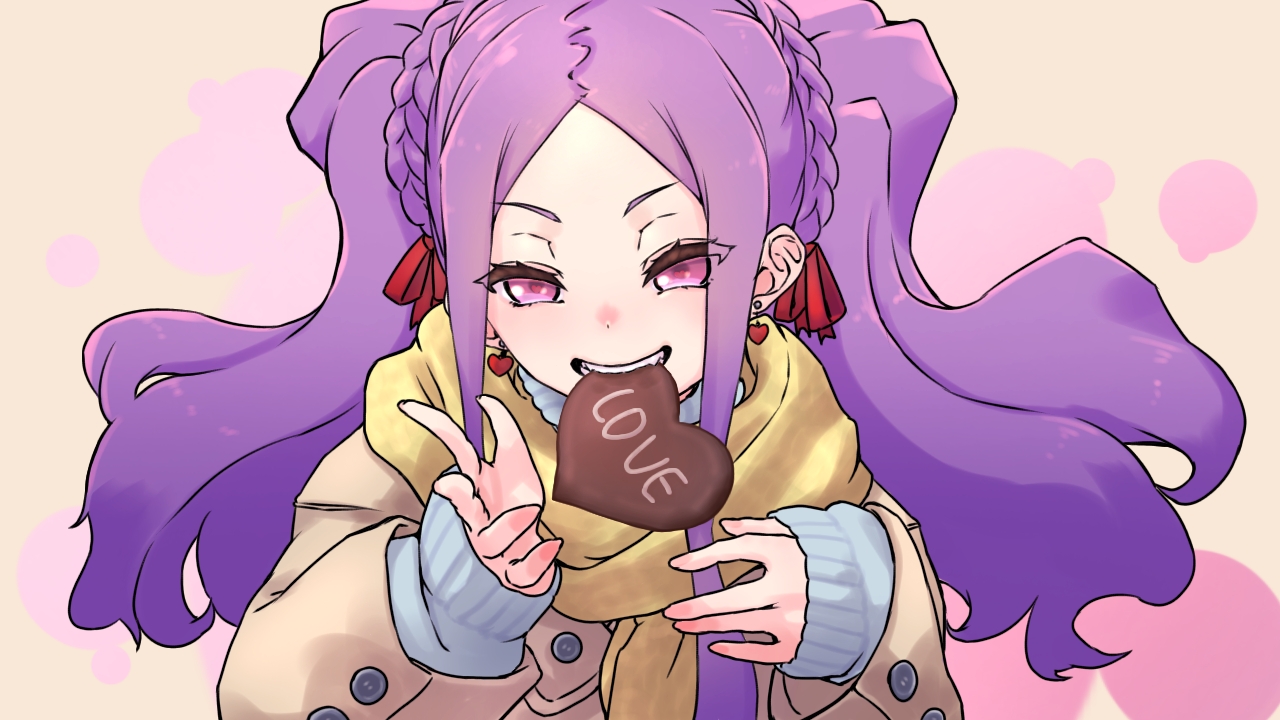 niwaikanai, wu zetian (fate), fate/grand order, fate (series), 1girl, blush, braid, breasts, brown jacket, candy, chocolate, chocolate heart, crown braid, earrings, food, forehead, grin, hair ribbon, heart, heart-shaped food, jacket, jewelry, long hair, long sleeves, looking at viewer, mouth hold, parted bangs, purple eyes, purple hair, ribbon, scarf, sidelocks, small breasts, smile, solo, twintails, yellow scarf