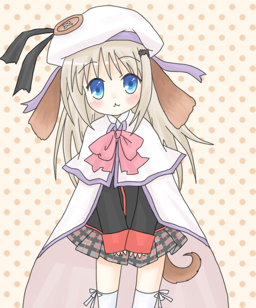 sakuramori sumomo, noumi kudryavka, little busters!, silver hair, 1girl, :3, animal ears, blue eyes, bow, cape, dog ears, female focus, hat, long hair, pink bow, school uniform, serafuku, solo, tail, thighhighs, zettai ryouiki
