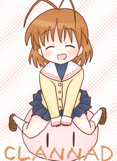 sakuramori sumomo, furukawa nagisa, clannad, dango daikazoku, 00s, 1girl, antenna hair, brown hair, dango, female focus, food, riding, school uniform, serafuku, solo, wagashi
