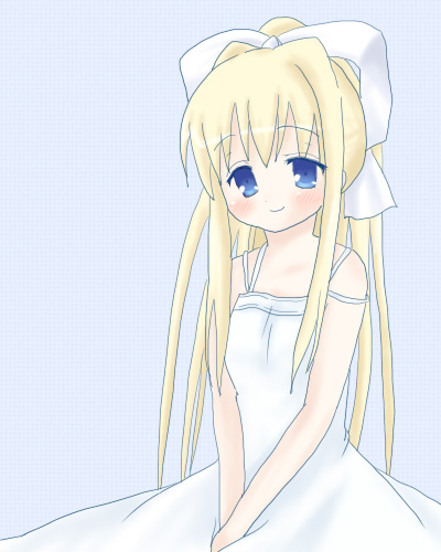 sakuramori sumomo, kamio misuzu, air (visual novel), lowres, 00s, 1girl, blonde hair, blue eyes, female focus, hair ribbon, long hair, ribbon, simple background, solo