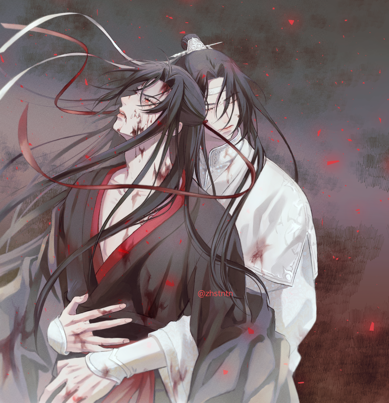 zhstntn, lan wangji, wei wuxian, wei wuxian (yiling laozu), modao zushi, highres, 2boys, ahoge, bishounen, black hair, black hanfu, blood, blood on body, blood on clothes, blood on face, blood on hands, chinese clothes, closed eyes, closed mouth, clothes down, coat, crying, crying with eyes open, floating hair, grey coat, hair down, hair ribbon, half updo, hanfu, headband, hug, hug from behind, long hair, long sleeves, male focus, multiple boys, official alternate costume, official alternate hairstyle, open clothes, open coat, parted lips, red eyes, red ribbon, red sash, ribbon, robe, sash, sidelocks, tears, topknot, twitter username, upper body, white hanfu, white headband, wide sleeves, xiao guan (headdress), yaoi