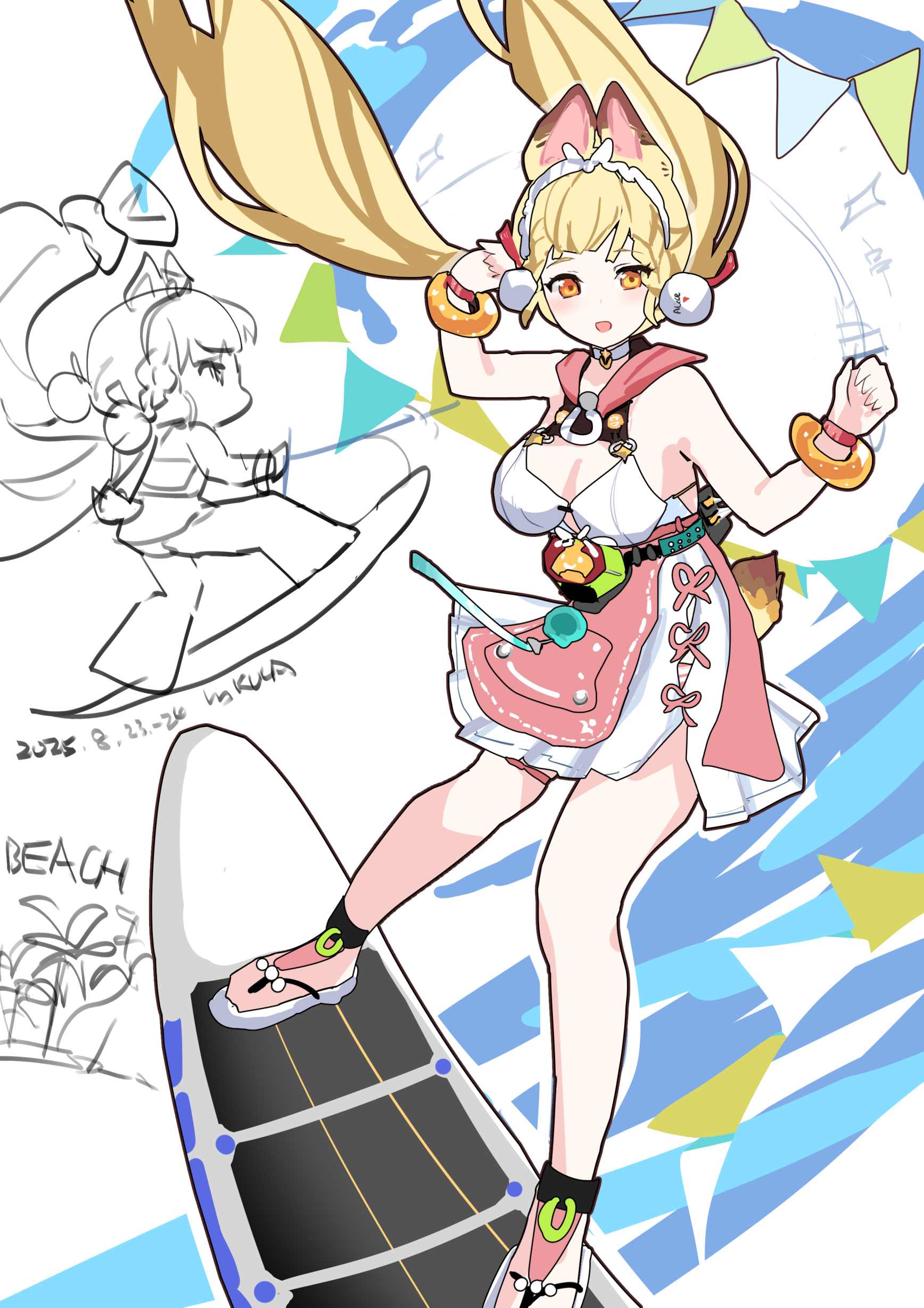 kkkula (kula), alice thymefield, alice thymefield (sea of thyme), zenless zone zero, braided twintails, absurdres, highres, 1girl, animal ears, bikini top under shirt, blonde hair, braid, breasts, cleavage, dress swimsuit, flip-flops, heterochromia, long hair, low twintails, official alternate costume, one-piece swimsuit, pink one-piece swimsuit, rabbit ears, rabbit girl, red eyes, sandals, sphere hair ornament, swimsuit, twintails, two-tone one-piece swimsuit, yellow eyes