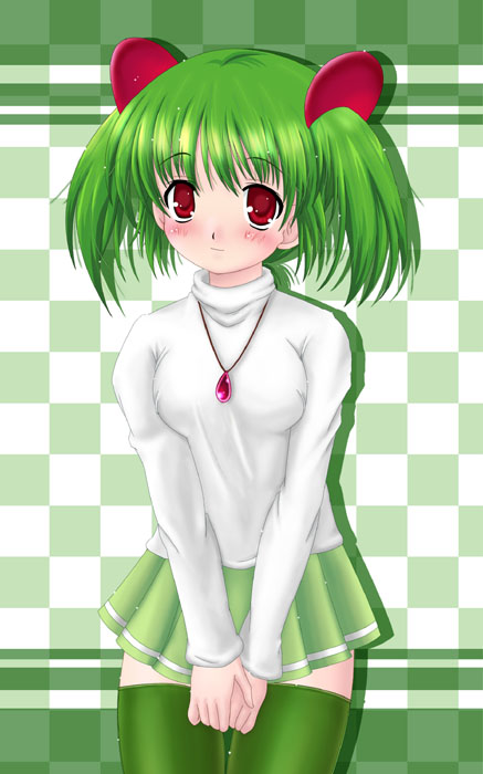 aoi kanan, tagme, blush, green hair, green theme, jewelry, looking at viewer, necklace, red eyes, thighhighs