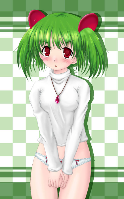 aoi kanan, 1girl, blush, female focus, green hair, hip focus, jewelry, necklace, panties, red eyes, solo, sweater, underwear