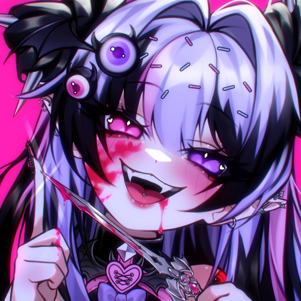 indie virtual youtuber, commentary, commission, symbol-only commentary, 1girl, bare shoulders, black hair, blood, blood on face, blood on hands, bloody knife, blush, dagger, ear piercing, fangs, fingernails, hair between eyes, hair intakes, hair ornament, hair sprinkles, hand up, heart, heart in eye, heterochromia, holding, holding dagger, holding knife, holding weapon, im monimon, index finger raised, knife, long fingernails, long hair, looking at viewer, multicolored hair, open mouth, piercing, pink background, pink eyes, pointy ears, portrait, purple eyes, purple hair, smile, solo, spikes, sprinkle hershy, sprinkles, symbol in eye, teeth, tongue, tongue piercing, two-tone hair, upper teeth only, virtual youtuber, weapon, wispy bangs