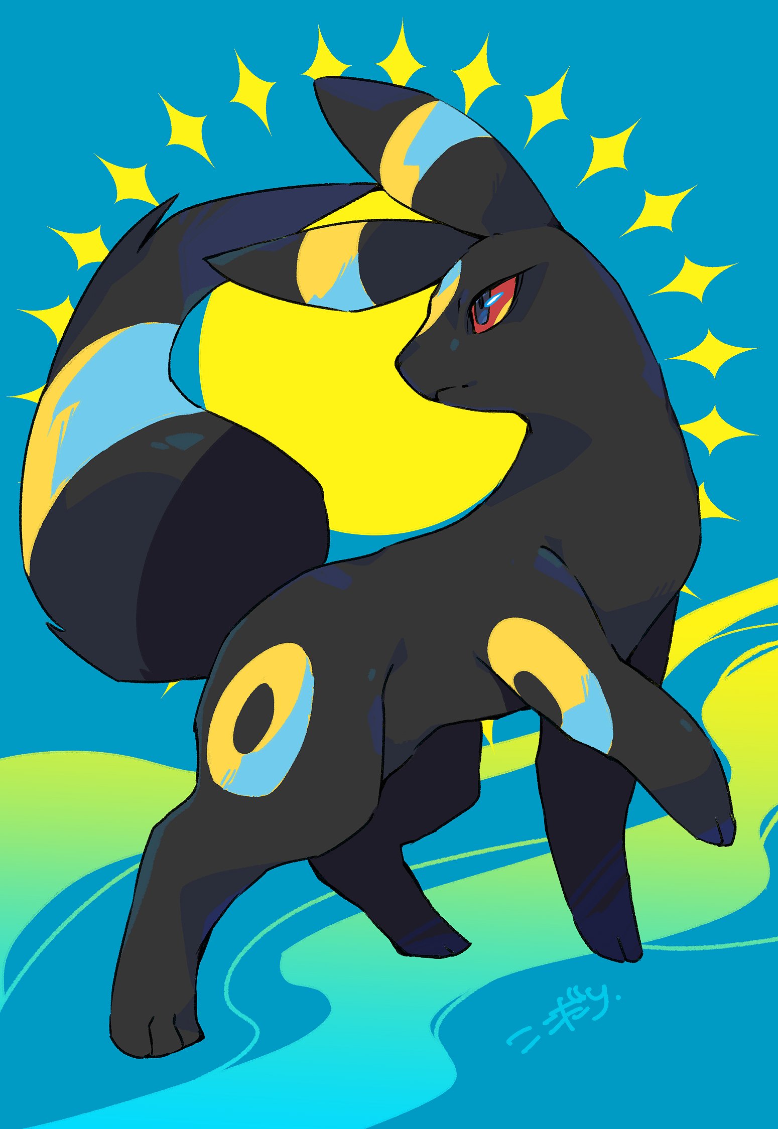 kokodari, umbreon, nintendo, pokemon, commentary request, highres, blue background, blue eyes, closed mouth, colored sclera, full moon, gen 2 pokemon, moon, no humans, pokemon (creature), pokemon focus, red sclera, solo, standing, star (symbol)