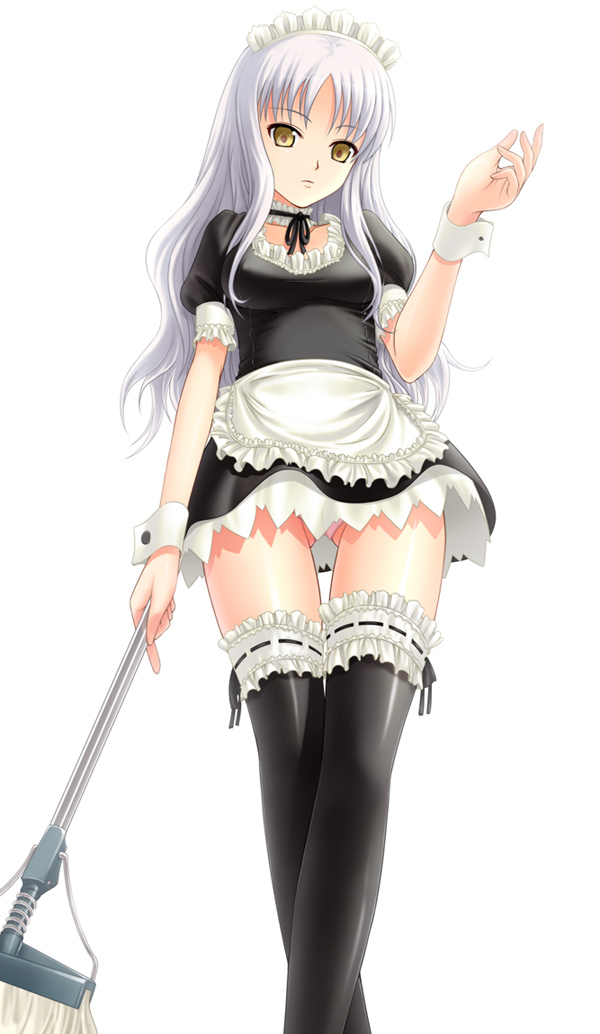 40010prototype, caren hortensia, fate/hollow ataraxia, fate/stay night, fate (series), silver hair, 00s, 1girl, alternate costume, black thighhighs, enmaided, female focus, frilled thighhighs, frills, gluteal fold, long hair, looking at viewer, maid, maid headdress, mop, panties, pink panties, simple background, solo, thigh gap, thighhighs, underwear, white background, wrist cuffs, yellow eyes