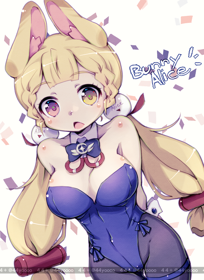 yoshi (crossmind), alice thymefield, zenless zone zero, braided twintails, 1girl, animal ears, blonde hair, blush, braid, breasts, heterochromia, large breasts, leotard, long hair, looking at viewer, low twintails, playboy bunny, rabbit ears, rabbit girl, red eyes, sphere hair ornament, twintails, yellow eyes