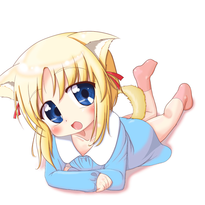 ikuno yui, alice (ikuno yui), original, 1girl, animal ears, blonde hair, blue eyes, blush, dog ears, dog tail, female focus, lying, open mouth, solo, tail