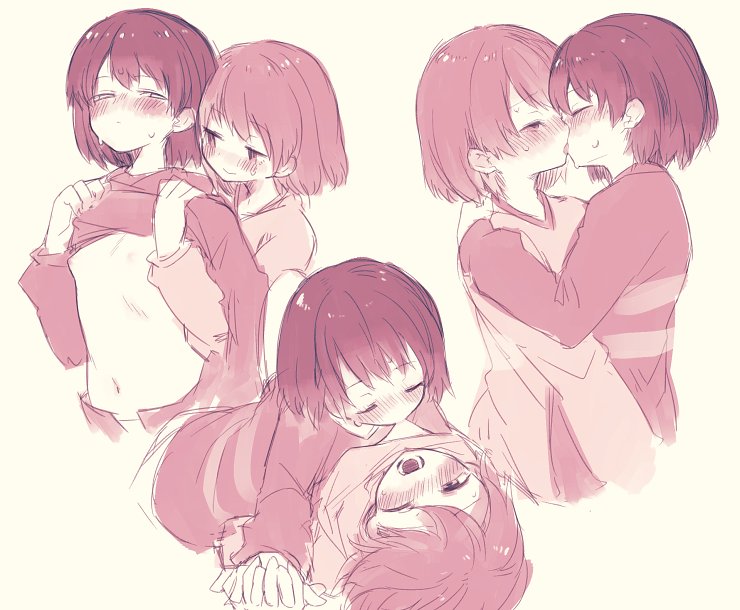 oshiruko (tsume), chara (undertale), frisk (undertale), undertale, utdr (toby fox), 2others, blush, breast sucking, closed eyes, clothes lift, french kiss, half-closed eyes, hand on another's waist, holding hands, hug, kiss, lifting another's clothes, monochrome, multiple others, navel, nipples, open mouth, sepia, shirt lift, short hair, simple background, striped clothes, striped sweater, sweat, sweater, yellow background
