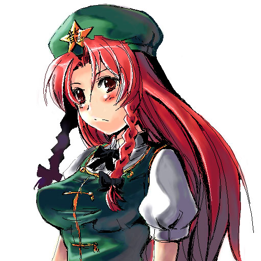 gin'ichi (akacia), ginichi, hong meiling, embodiment of scarlet devil, touhou, 1girl, black bow, blush, bow, braid, breasts, female focus, hair bow, hat, long hair, looking at viewer, puffy short sleeves, puffy sleeves, red eyes, red hair, short sleeves, simple background, solo, star (symbol), twin braids, upper body, white background