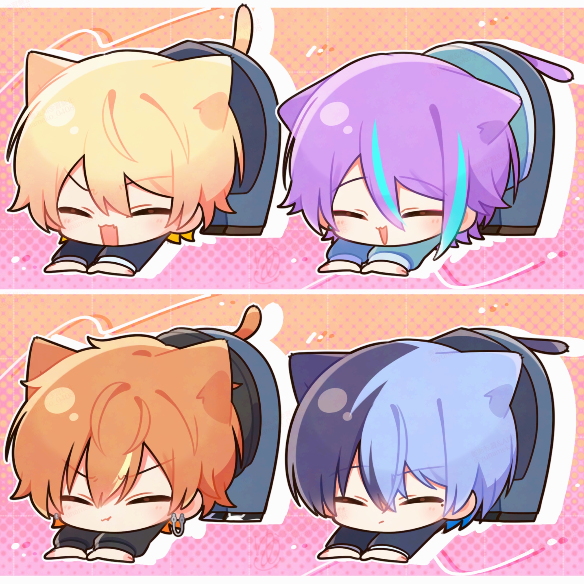aoyagi touya, kamishiro rui, shinonome akito, tenma tsukasa, project sekai, commentary request, highres, 4boys, animal ears, asymmetrical sidelocks, blonde hair, blue hair, cat boy, cat ears, cat tail, closed eyes, closed mouth, double-parted bangs, ear chain, extra ears, gradient hair, kamiyama high school uniform (project sekai), linked piercing, long sleeves, male focus, mole, mole under eye, multicolored hair, multiple boys, orange hair, piercing, purple hair, school uniform, sidelocks, split-color hair, streaked hair, stretching, tail, two-tone hair, yunameko (yunameko 0408)