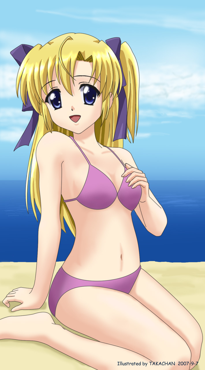 takachan, housen elis, canvas (cocktail soft), canvas 2, hands on own breasts, highres, tagme, 00s, 1girl, 2000, artist name, barefoot, beach, bikini, blonde hair, blue eyes, cloud, dated, feet, female focus, hair ribbon, long hair, ocean, open mouth, outdoors, purple bikini, ribbon, sand, september, sitting, sky, smile, solo, swimsuit, twintails, wariza