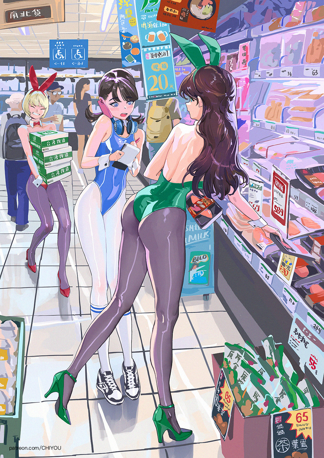 amatiz, original, commentary request, highres, 3girls, animal ear hairband, animal ears, ass, backless leotard, black hair, black pantyhose, blonde hair, blue eyes, blue one-piece swimsuit, blush, bow, bowtie, box, carrying, cellphone, closed eyes, competition swimsuit, cradling phone, fake animal ears, green leotard, green shoes, grin, hairband, headphones, headphones around neck, highleg, highleg one-piece swimsuit, holding, holding notepad, indoors, kneehighs, leotard, long hair, looking at another, multiple girls, notepad, one-piece swimsuit, open mouth, pantyhose, patreon username, pen, people, phone, playboy bunny, rabbit ear hairband, rabbit ears, red bow, red bowtie, red shoes, shoes, shopping, short hair, smartphone, smile, sneakers, socks, standing, standing on one leg, strappy heels, supermarket, swimsuit, tail, talking on phone, tile floor, tiles, watermark, web address, white pantyhose, white socks, white wrist cuffs, wrist cuffs, writing