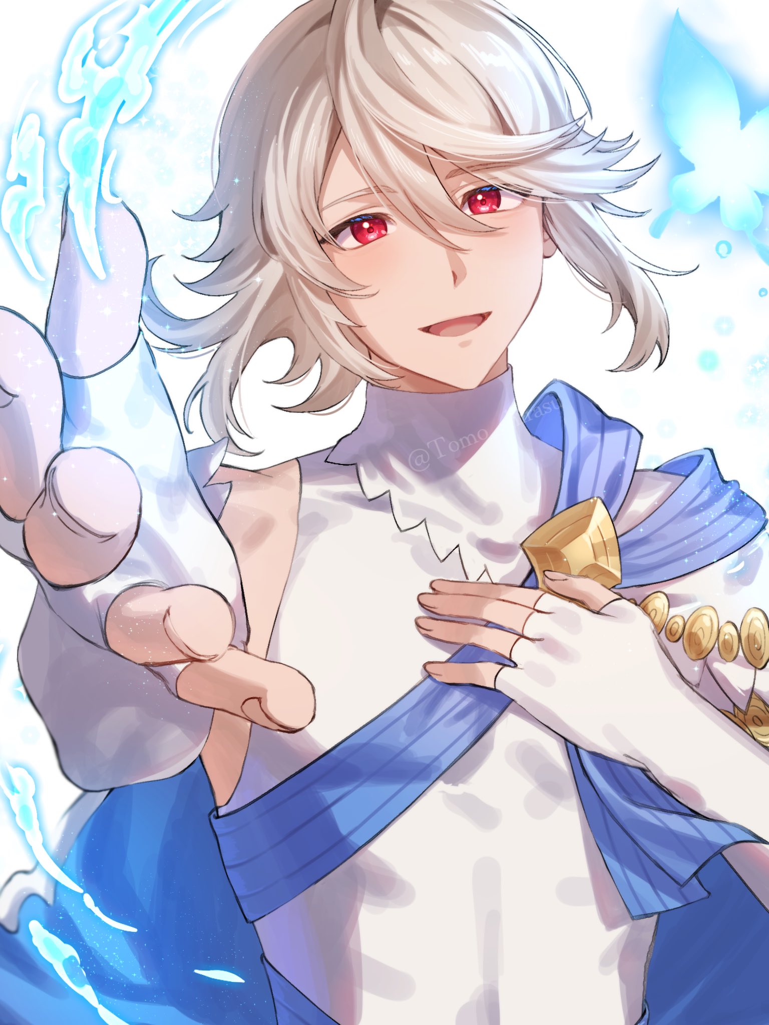 tomo shirasu, male corrin (adrift) (fire emblem), male corrin (fire emblem), fire emblem, fire emblem fates, fire emblem heroes, nintendo, highres, 1boy, bug, butterfly, crossdressing, crossdressing (mtf), elbow gloves, fingerless gloves, gloves, insect, long hair, male focus, open mouth, pointy ears, red eyes, smile, white gloves, white hair
