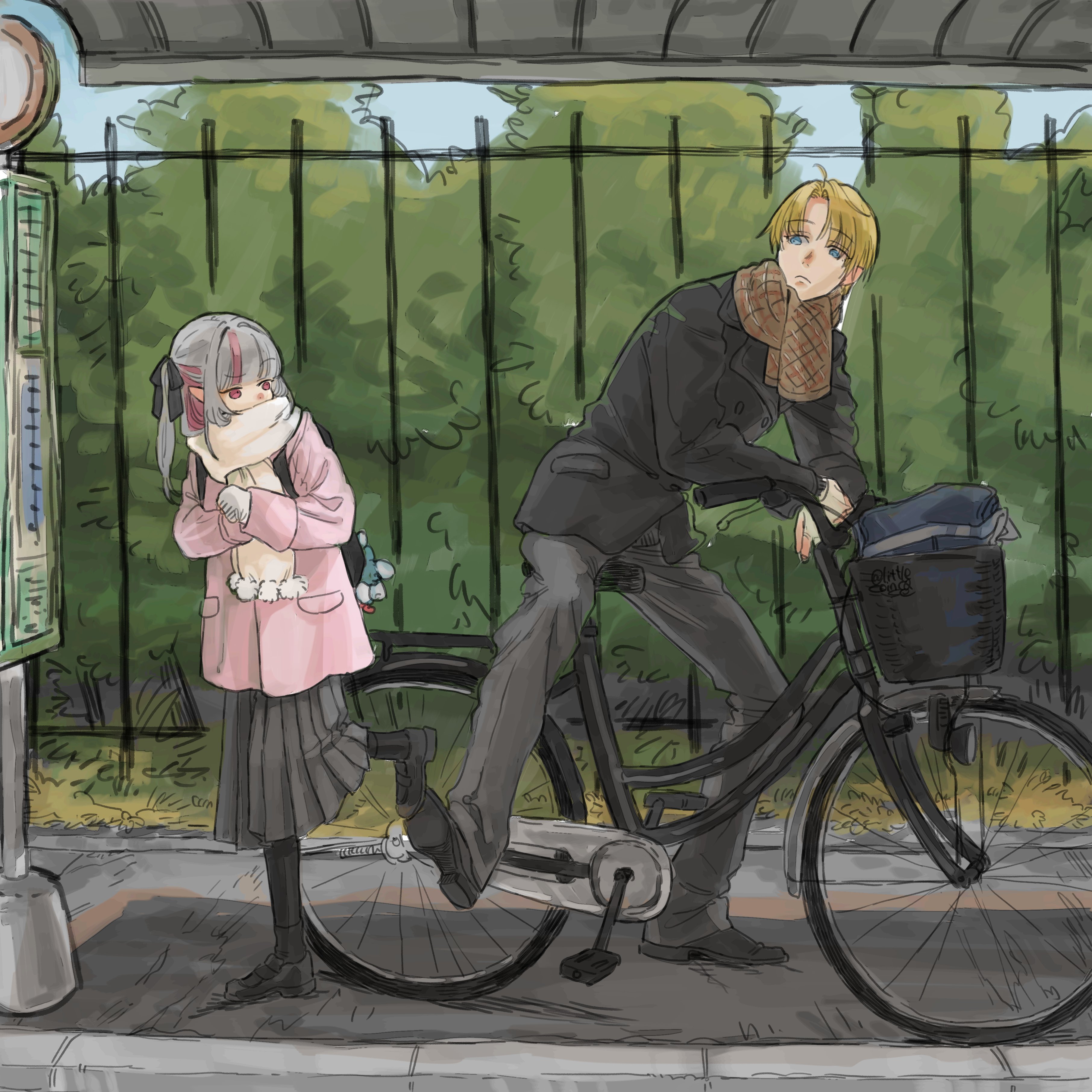 koze niire, ex albio, makaino ririmu, nijisanji, absurdres, highres, 1boy, 1girl, alternate costume, bicycle, bicycle basket, black coat, black pants, black pantyhose, black shoes, blonde hair, blue eyes, coat, grey hair, grey skirt, hair ribbon, loafers, long hair, looking at another, mary janes, outdoors, pants, pantyhose, pink coat, pink eyes, pleated skirt, pointy ears, ribbon, scarf, shoes, short hair, skirt, trench coat, two side up, virtual youtuber