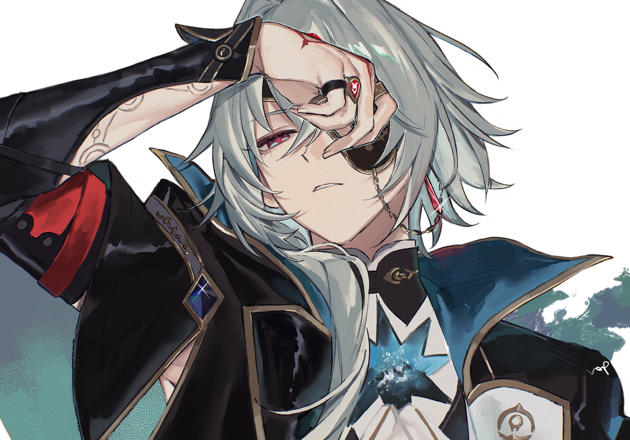 anaxa (honkai: star rail), honkai: star rail, honkai (series), highres, 1boy, aqua hair, ascot, black jacket, blue eyes, chain, earrings, eyepatch, gem, hair between eyes, hair intakes, half-closed eyes, hand up, jacket, jewelry, lapels, looking at viewer, male focus, mandarin collar, medium hair, multicolored eyes, notched lapels, one eye covered, parted lips, pink eyes, pink pupils, red gemstone, shirt, side ponytail, simple background, single earring, solo, teeth, two-tone eyes, upper body, white ascot, white background, white shirt, zv0301