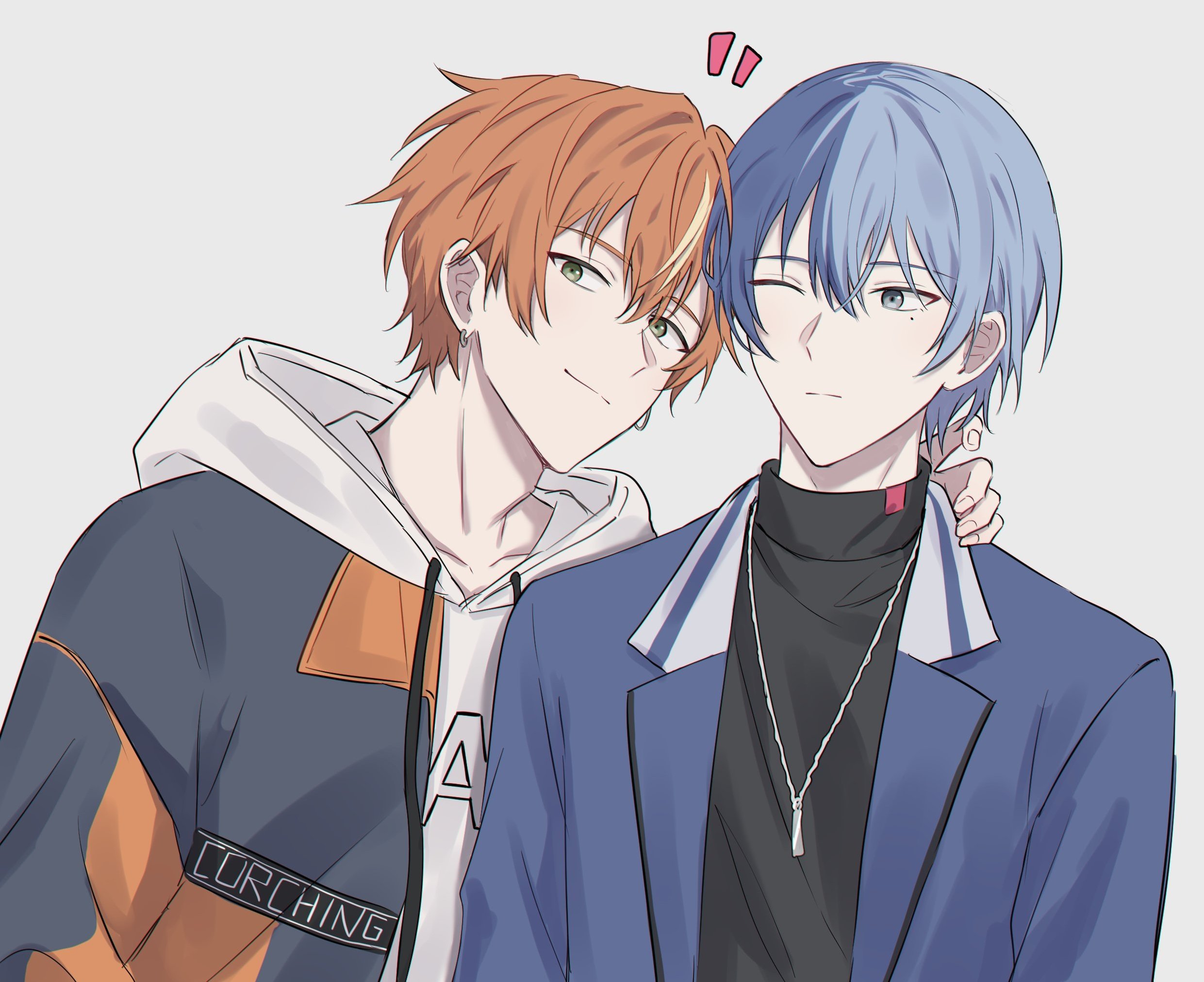 yangaengso, aoyagi touya, shinonome akito, project sekai, commentary, highres, symbol-only commentary, 2boys, black shirt, blazer, blonde hair, blue eyes, blue hair, blue jacket, closed mouth, drawstring, earrings, facing viewer, fingernails, green eyes, grey background, hand up, hood, hood down, hoodie, jacket, jacket over hoodie, jewelry, lapels, looking at another, looking at viewer, male focus, mole, mole under eye, multicolored hair, multiple boys, necklace, notched lapels, notice lines, open clothes, open jacket, orange hair, shirt, short hair, simple background, smile, split-color hair, streaked hair, sweater, turtleneck, turtleneck sweater, two-tone hair, upper body, white hoodie