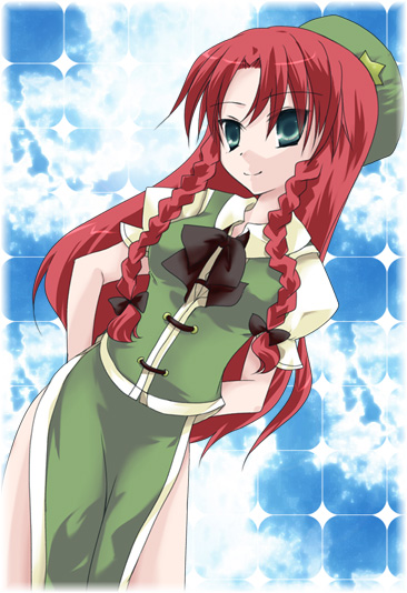 shima hinako, hong meiling, embodiment of scarlet devil, touhou, 1girl, aqua eyes, beret, blue sky, bow, braid, collared shirt, female focus, green eyes, hair bow, hat, outdoors, puffy short sleeves, puffy sleeves, red hair, shirt, short sleeves, side slit, sky, smile, solo, star (symbol), twin braids