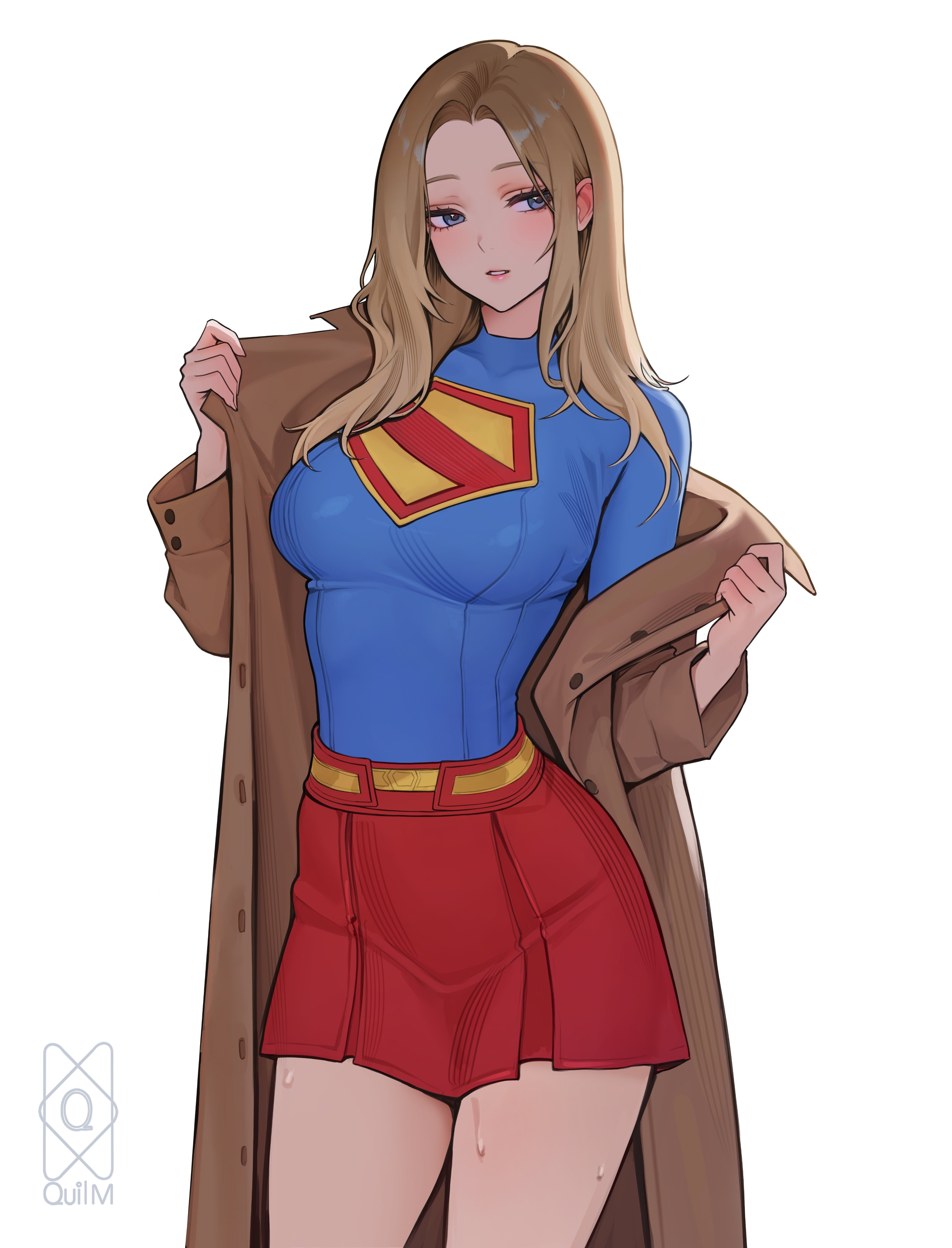 quilm, supergirl, dc comics, dc universe (franchise), superman (2025), superman (series), absurdres, highres, 1girl, belt, blue eyes, breasts, brown coat, brown hair, coat, long hair, open clothes, open coat, opened by self, parted lips, red skirt, simple background, skirt, solo, standing, superhero costume, white background, yellow belt